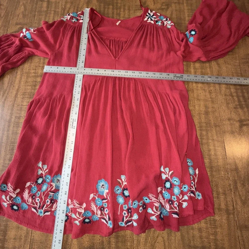 Free People Te Amo Small Mini Dress‎ Red Spring Embroidered Oversized Flared